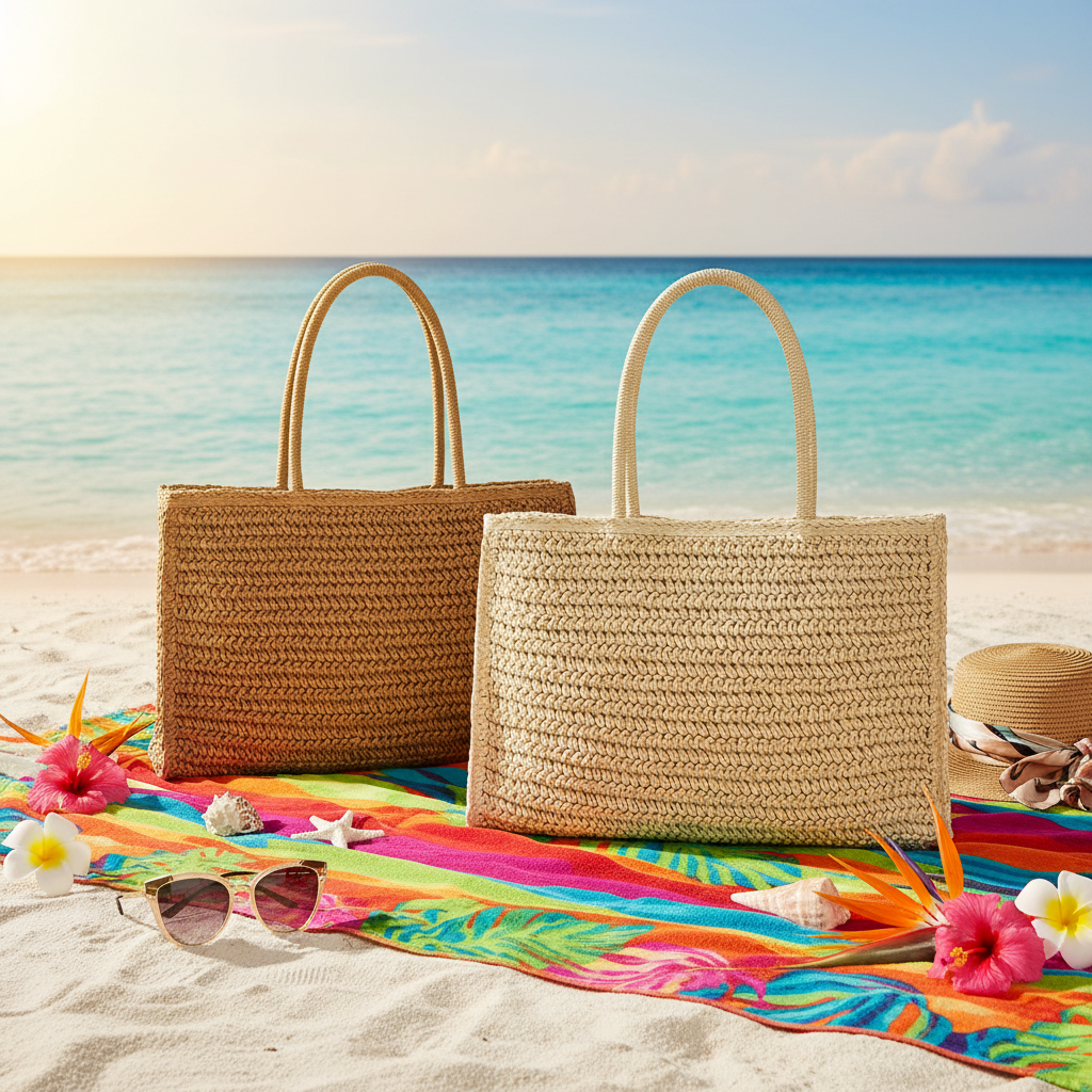 Duo Sacs Raphia Caramel & Beige - Ambiance Vacances Plage